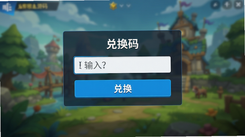 游戏内“兑换码”输入界面,显示输入框和“兑换”按钮,背景为游戏场景虚化,风格为UI设计图,文字清晰,画质高清,干净