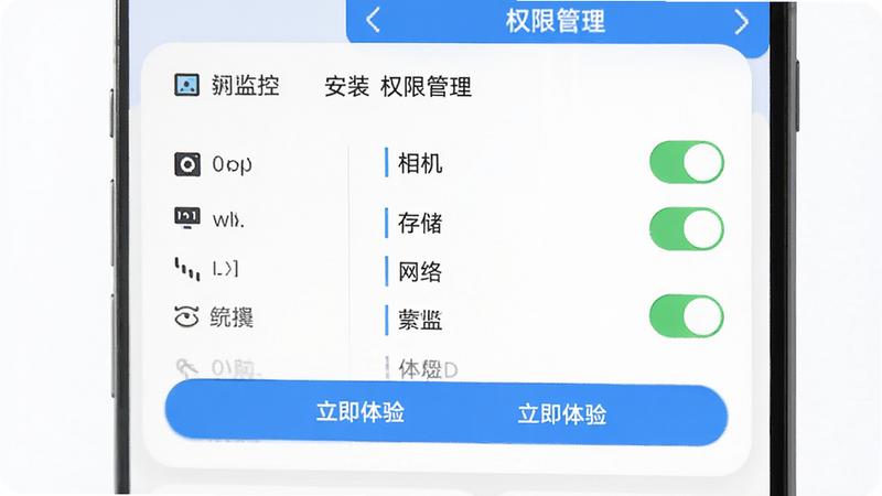 ����Ϊ���ƶ��ֻ����Ҽ�ء�App��Ȩ�������밲װ�������棬�ֻ���Ļ��ʾ��Ȩ�޹�����ҳ�棬�г�������洢�������Ȩ�޿��أ������ڿ���״̬���·��С��������顱��ť������Ϊ���İ�ɫ��Ƭʽ���֣�����������ˣ�ϸ��׼ȷ�����ʸ��壬�޶���Ԫ�أ��ɾ�