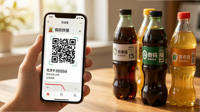 微码快扫二维码识别商品条码的场景,手机屏幕显示商品名称和价格信息,旁边放着几瓶饮料,画面温馨自然,光线柔和,细节丰富,高清写实风格