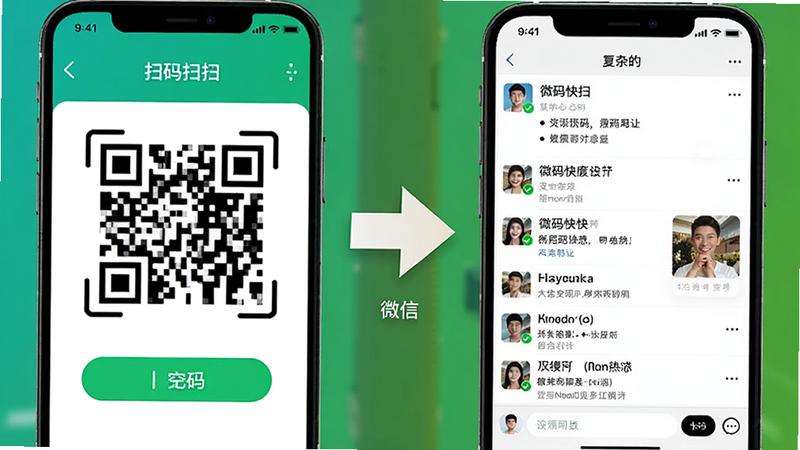 微码快扫二维码与微信界面对比图,左侧为简洁的扫码界面,右侧为复杂的社交界面,中间有箭头指示转换,风格简洁明快,色彩对比鲜明,高清清晰
