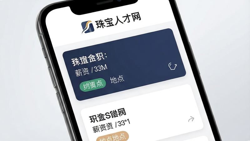 �鱦�˲���APP����չʾ������Ϊ�ֻ���Ļ������������������ʾ���鱦�˲�����Logo���м�Ϊְλ�б���Ƭ���Ű����룬��������Լ��ϸ�ڰ���ְλ���⡢н�ʷ�Χ���ص��ǩ�����ʸ��壬�ɾ��޶���Ԫ�أ����������ɼ�������Ϊǳ��ɫ����