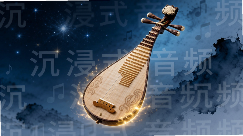主体为一只精美的中国传统琵琶悬浮在空中,琴身散发柔和的金色光芒,布局采用中心构图,背景为深蓝色的星空或水墨晕染效果,风格为玄幻写实,细节刻画琴弦的张力与木纹的质感,画质8k,干净,无多余元素,文字引用“沉浸式音频”作为背景水印