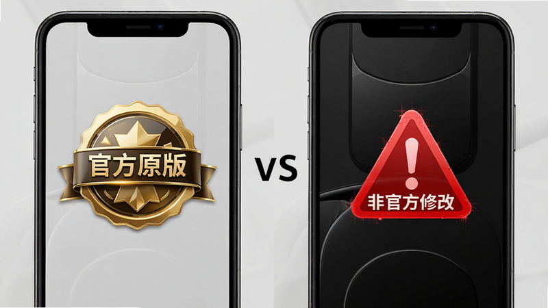 主体为两个手机对比展示,左侧手机屏幕显示“官方原版”徽章,右侧手机屏幕显示“非官方修改”警告标志,布局左右对称,背景为浅灰色,风格为简洁对比图,细节展现徽章的光泽与警告的红色色调,画质高清,干净,无多余元素,文字引用“原版 vs 修改版”
