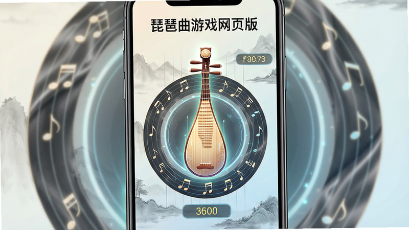 主体为一款名为“琵琶曲游戏网页版”的手机App界面展示,布局采用竖屏设计,背景为淡雅的水墨风渐变,中央显示一个发光的琵琶图形作为核心交互区,周围环绕着音符轨道和得分计数器,排版整洁对称,风格为现代国风与科技感结合,细节处有丝绸质感的纹理,画质超清,干净无多余元素,文字引用“琵琶曲游戏网页版”位于顶部居中