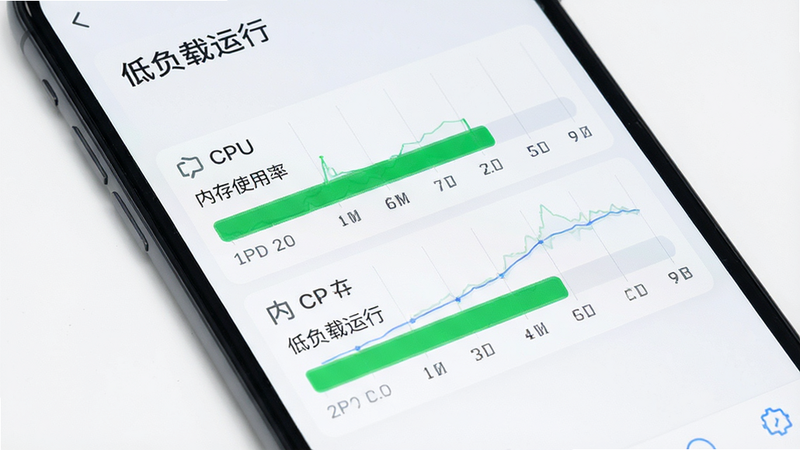 主体为手机性能监控界面,显示CPU和内存使用率极低,布局简洁,绿色进度条表示低负载状态,背景为纯白或浅灰,风格为扁平化UI设计,细节展现数据图表的清晰度,画质高清,干净,无多余元素,文字引用“低负载运行”
