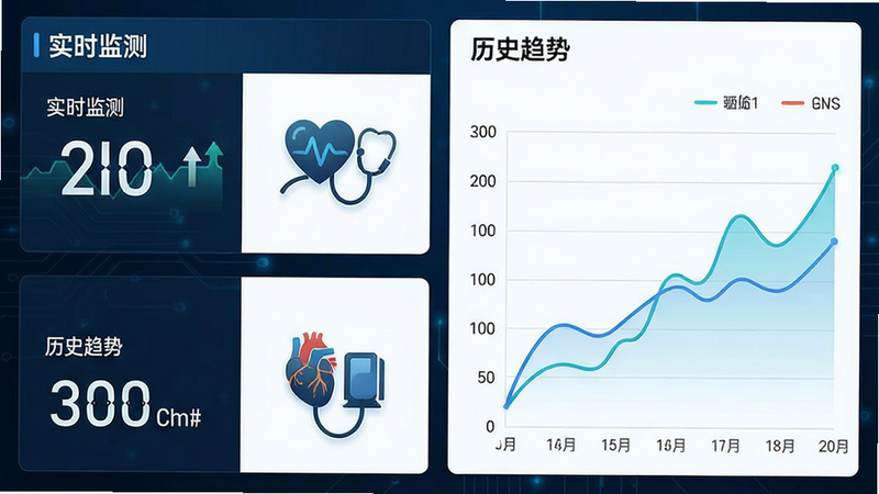 主体为健康数据仪表盘界面,布局为左右分栏,左侧为实时数据数字显示,右侧为折线趋势图,排版紧凑专业,风格为科技医疗风,细节包含心形图标和血压计图示,画质清晰锐利,干净背景,文字显示为