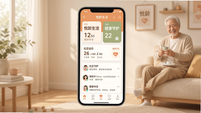 主体为悦龄生活APP手机端界面展示图,布局为垂直滚动列表风格,排版清晰有序,风格为现代简约扁平化设计,细节包含大字号显示的健康数据卡片、社区动态流以及底部导航栏,画质高清8k,色彩温暖柔和,无多余元素,文字显示为