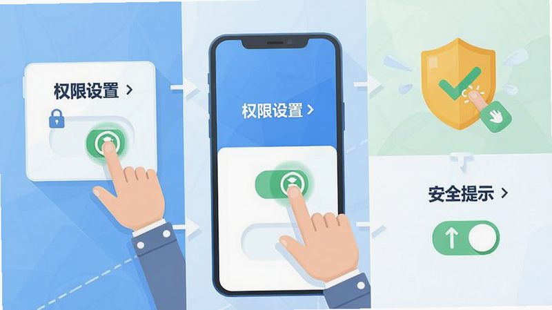 主体为手机设置界面教程图,布局为步骤指引式,排版清晰,风格为扁平化插图,细节包含手指点击图标动画和权限开关示意,画质清晰,文字显示为