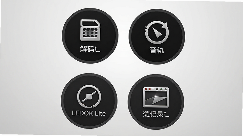 LEDOK Lite 功能特性图标集合,主体为四个圆形图标分别代表解码、音轨、性能、记录,布局呈十字形排列,背景为浅灰色渐变,风格扁平化,细节精致,文字清晰标注功能名称,画质清晰,干净无多余元素