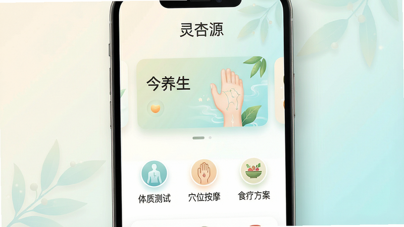 一张高清手机屏幕界面展示图,主体为“灵杏源”APP首页,背景采用淡雅的米白色与淡青色渐变,屏幕中央显示“今日养生”卡片,下方排列整齐的图标包括“体质测试”、“穴位按摩”、“食疗方案”,整体布局简洁现代,排版清晰,风格清新自然,细节处可见柔和的阴影效果,画质4K,干净无多余元素,文字清晰显示“灵杏源”