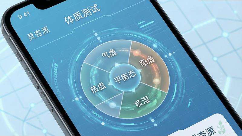 手机界面特写,显示“体质测试”流程页面,背景为浅蓝色科技感网格,主体是一个旋转的中医九宫格图谱,中心标注“平衡态”,周围环绕“气虚”、“阳虚”、“痰湿”等标签,界面设计极简,字体优雅,细节展示数据流动特效,画质高清,干净,无多余装饰,文字清晰显示“灵杏源”