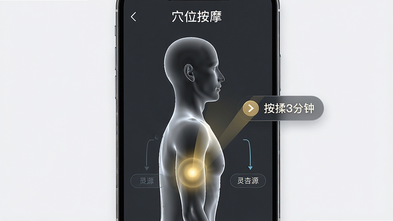 手机界面展示“穴位按摩”功能,背景为深灰色,主体是一个半透明的人体侧面3D模型,右臂合谷穴位置发出柔和的金色光芒,旁边悬浮着操作指引箭头和“按揉3分钟”的文字提示,整体风格科技与中医结合,细节丰富,光影效果逼真,画质超清,干净,无多余元素,文字清晰显示“灵杏源”