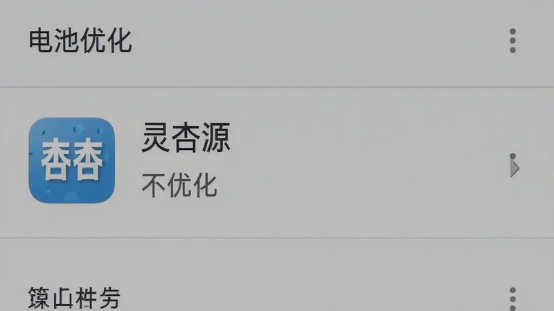 手机设置界面截图,显示“电池优化”设置项,主体为“灵杏源”应用图标,状态显示为“不优化”,背景为安卓系统标准灰色菜单,排版整齐,细节清晰,画质高清,干净,无多余元素,文字清晰显示“灵杏源”