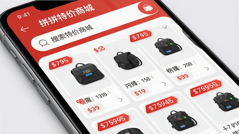 һ��չʾ��ƴƴ�ؼ��̳ǡ�APP������ĸ����ֻ���Ļ��д������ΪAPP��ҳ������������������������Ŀ���·����������Ŵ��к�ɫ�۸��ǩ����Ʒ��Ƭ���Ű��������򣬷���ִ���Լ��ϸ�ڴ����ָ����ʸУ�����8K���ɾ��޶���Ԫ��