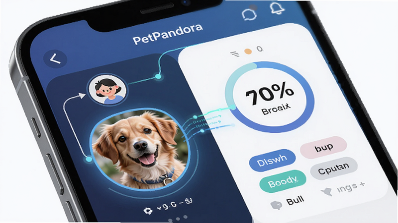 Boogu-Image风格,主体为手机屏幕特写,显示PetPandora宠物社区的信息匹配界面,布局为左右分栏,左侧是用户头像和宠物照片,右侧是匹配度百分比和推荐标签,排版清晰简洁,风格科技感与亲和力并存,细节处有连接线和数据流特效,画质清晰,干净,无多余元素