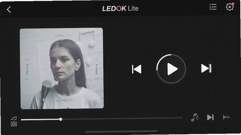 һ��չʾLEDOK LiteӦ�ý���ĸ���ͼƬ������Ϊ��ɫģʽ�����ֲ��Ž��棬���ּ�࣬�����ʾר�����棬�Ҳ�Ϊ���ſ��ư�ť���Ű����룬����ִ�����ϸ�����������ʸ��壬�ɾ��޶���Ԫ��