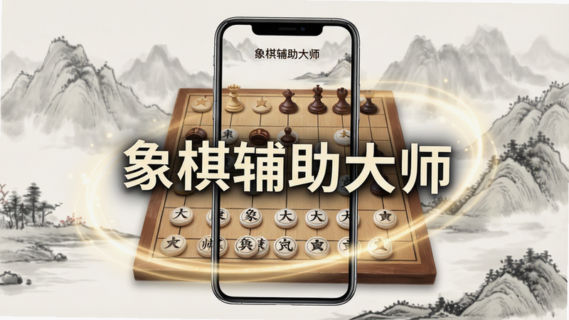 画面中心展示一部现代智能手机,屏幕显示着“象棋辅助大师”的应用界面,背景为淡雅的中国风水墨画风格,棋盘上棋子排列整齐,周围环绕着柔和的光效,突出科技感与传统文化融合,整体布局简洁清晰,文字“象棋辅助大师”醒目居中,高清,无多余元素