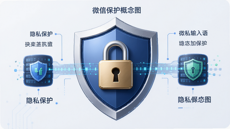 描绘微信输入法隐私保护概念图,主体为盾牌图标与锁头元素,布局对称,排版严谨,风格安全稳重,细节呈现数据加密过程,画质精细,干净,文字标注