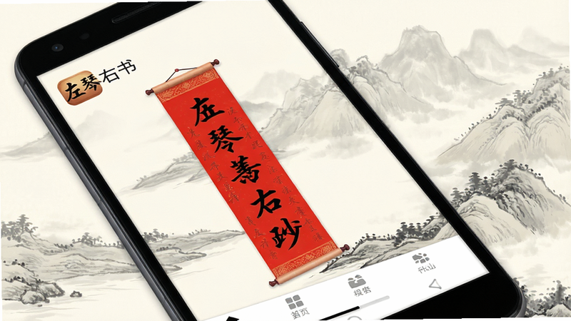主体为安卓手机屏幕特写,显示左琴右书APP主界面,背景为淡雅水墨山水,屏幕中央展示一副竖排红色对联,字体为行楷,顶部有APP名称“左琴右书”图标,底部导航栏清晰,整体风格中式古典,高清,无多余元素,干净