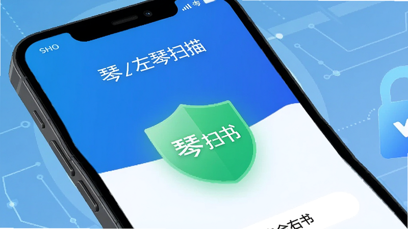 主体为手机安全检测界面,显示左琴右书通过安全扫描,绿色盾牌图标,背景为科技蓝,简洁明了,高清,无杂乱元素