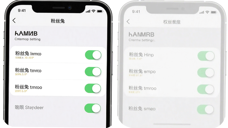 主体为手机设置界面,显示“粉丝兔”权限管理,布局包含开关列表和说明文字,排版清晰直观,风格简洁明了,细节体现开关状态,画质清晰,干净,无多余元素