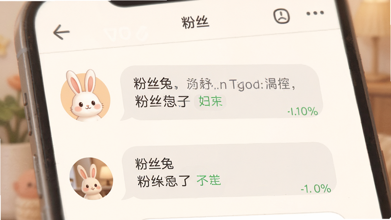 主体为聊天界面,显示“粉丝兔”发送消息的过程,布局左侧为头像右侧为气泡,排版流畅自然,风格温馨友好,细节体现消息发送状态,画质柔和,干净,无多余元素