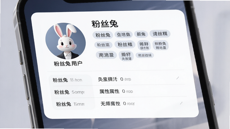 主体为个人画像卡片,显示“粉丝兔”用户信息,布局包含头像、标签云和属性列表,排版整齐美观,风格专业严谨,细节体现标签关联,画质细腻,干净,无多余元素