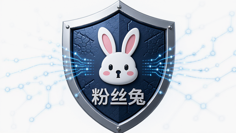 主体为安全盾牌图标,显示“粉丝兔”Logo,布局包含锁形图案和数据流,排版稳重可靠,风格专业可信,细节体现加密纹理,画质高清,干净,无多余元素