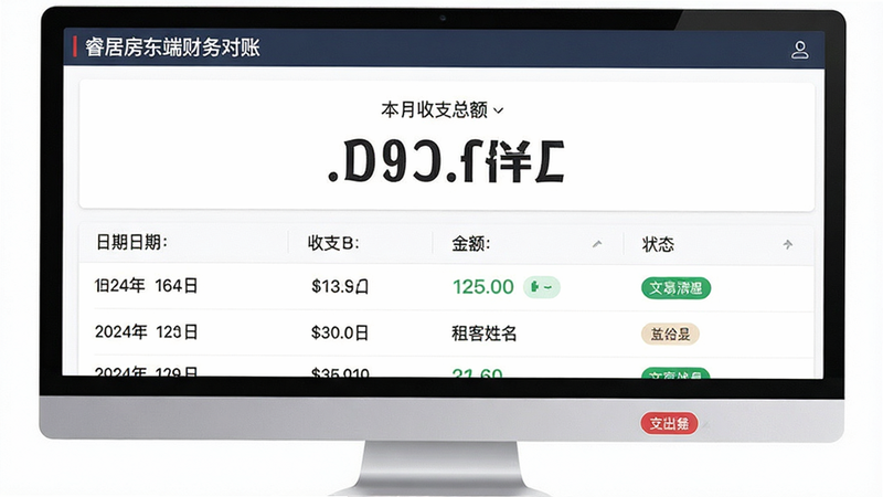 主体为睿居房东端财务对账界面,布局上方为本月收支总额大字展示,下方为详细的交易流水列表,包含日期、金额、租客姓名及状态标签,排版层次分明,风格严谨商务,细节显示绿色收入标识与红色支出标识,画质高清,干净,无多余元素