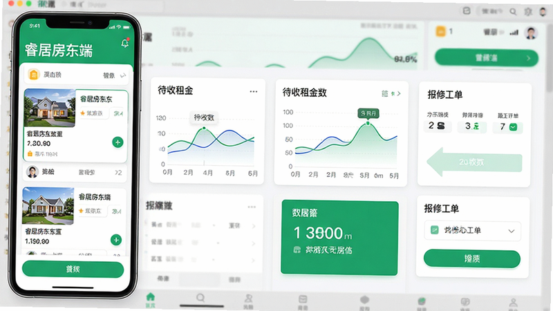 主体为睿居房东端手机应用界面全景图,布局呈现首页仪表盘风格,顶部显示