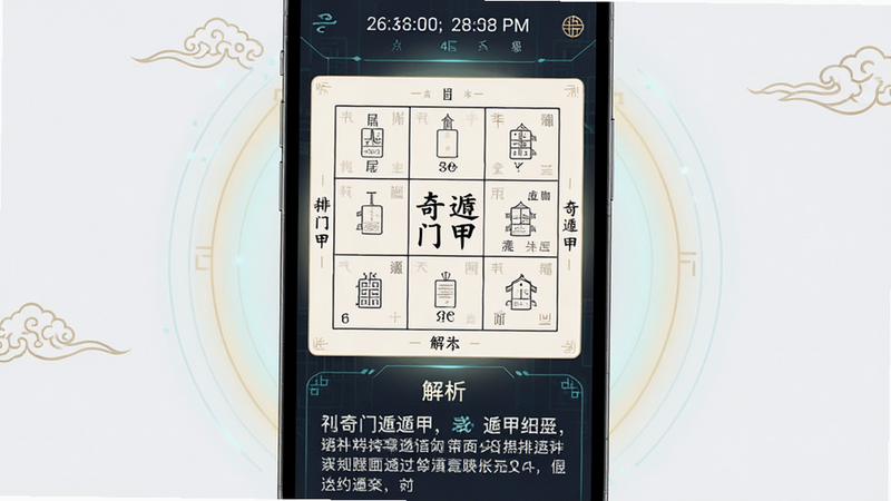 主体为手机屏幕展示奇门遁甲排盘界面,布局清晰分为上中下三部分,上方显示时间信息,中间为九宫格图表,下方为文字解析,排版紧凑有序,风格为现代极简科技风结合传统中式元素,细节处有淡淡的光晕效果,画质4k高清,干净无多余元素,文字