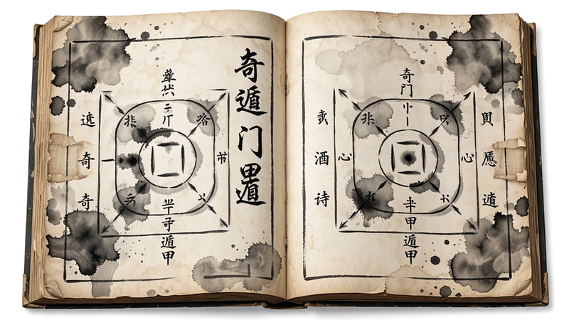 主体为一本打开的古籍,页面上有奇门遁甲图表,布局对称,排版古朴,风格为传统水墨风,细节处有墨迹晕染,画质高清,干净,文字