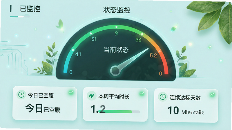 主体是绿叶轻断食的“状态监控”页面,布局分为上下两部分,上部是一个半圆形的仪表盘,指针指向当前状态,下部是三个数据卡片,分别显示“今日已空腹”、“本周平均时长”和“连续达标天数”,背景为淡青色,风格科技感与自然感结合,细节处有微弱的呼吸灯效果,画质高清,干净无多余元素,文字内容包含“状态监控”、“今日已空腹”、“本周平均时长”