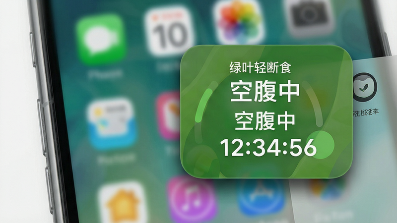 主体是手机侧边栏快捷启动绿叶轻断食的示意图,布局为手机屏幕边缘悬浮的小圆角矩形窗口,窗口内显示“空腹中”字样和剩余时间,背景为模糊的手机桌面,风格写实,细节处有阴影效果体现悬浮感,画质高清,干净无多余元素,文字内容包含“绿叶轻断食”、“空腹中”、“12:34:56”