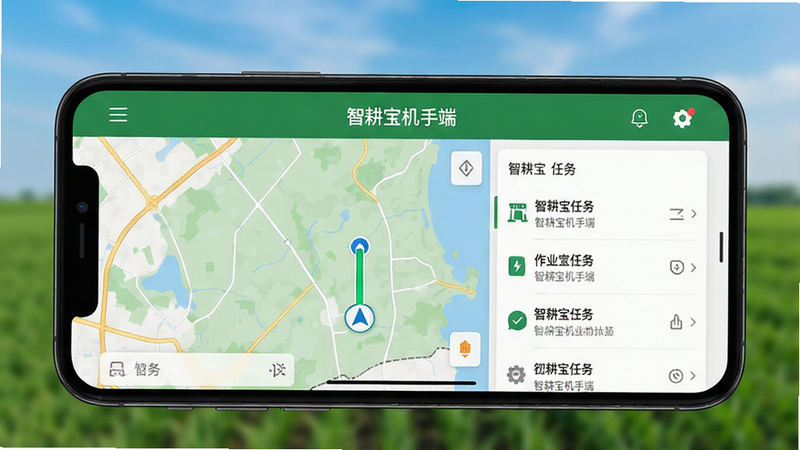 一张展示智能手机屏幕上运行智耕宝机手端APP的高清界面图,屏幕中央显示地图导航与作业任务列表,背景为模糊的绿色农田与蓝天,手机边框为黑色,界面UI简洁现代,突出“智耕宝机手端”字样,风格写实,高清,无多余元素
