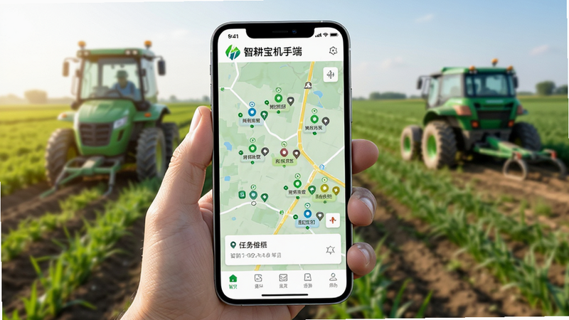 智耕宝机手端APP界面展示,突出地图定位功能,地图上显示多个任务点,手机手持视角,背景为田间地头,光线明亮,清晰展示“智耕宝机手端”Logo及任务卡片,风格科技简约,高清
