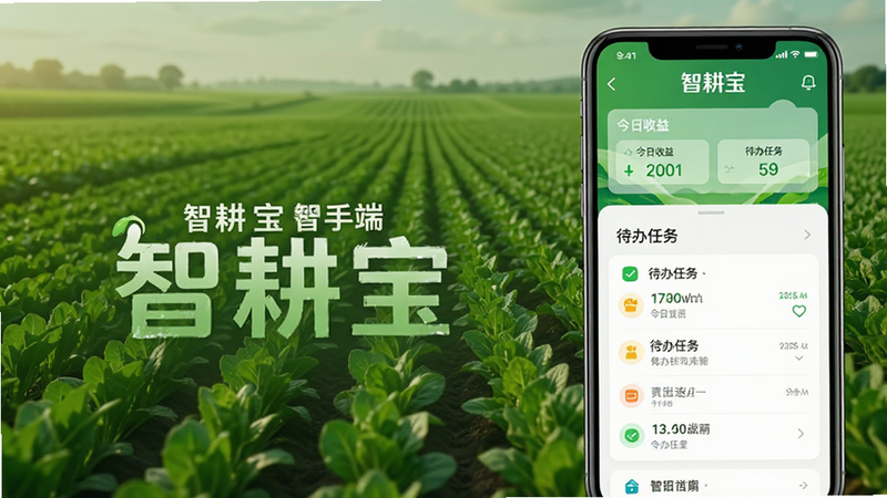 智耕宝机手端APP首页界面,显示今日收益、待办任务列表,背景为绿色田野,UI设计清新,突出“智耕宝”品牌标识,高清,无多余元素