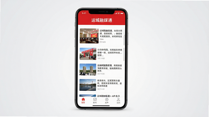 一部现代智能手机竖立放置,屏幕显示着“运城融媒通”APP的主界面,顶部是醒目的红色标题栏,中间是清晰的新闻列表,包含图片缩略图和文字摘要,底部是简洁的导航栏,整体风格扁平化,色彩以红白为主,背景为干净的浅灰色渐变,高分辨率,无多余装饰,清晰展示软件核心功能布局。