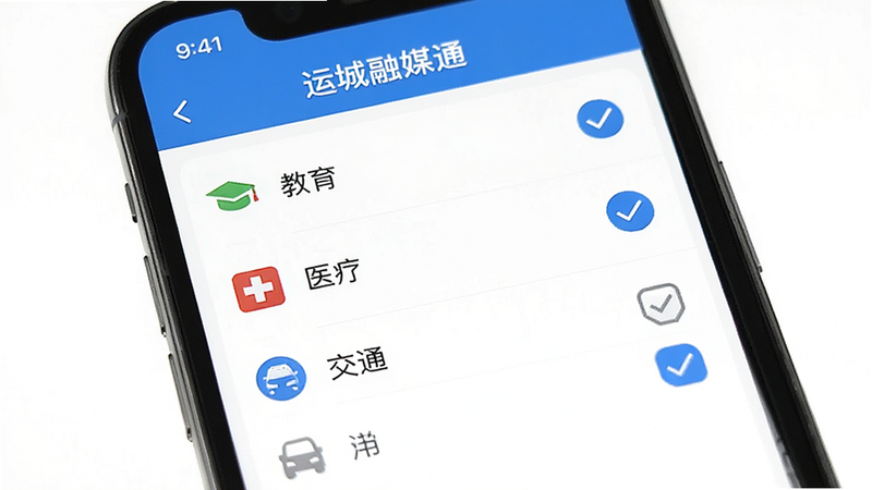 手机界面展示“运城融媒通”的个性化设置页面,列表中包含“教育”、“医疗”、“交通”等选项,部分选项被勾选,界面简洁,图标清晰,背景为纯白色,强调用户自定义功能,无多余装饰,高清晰度。