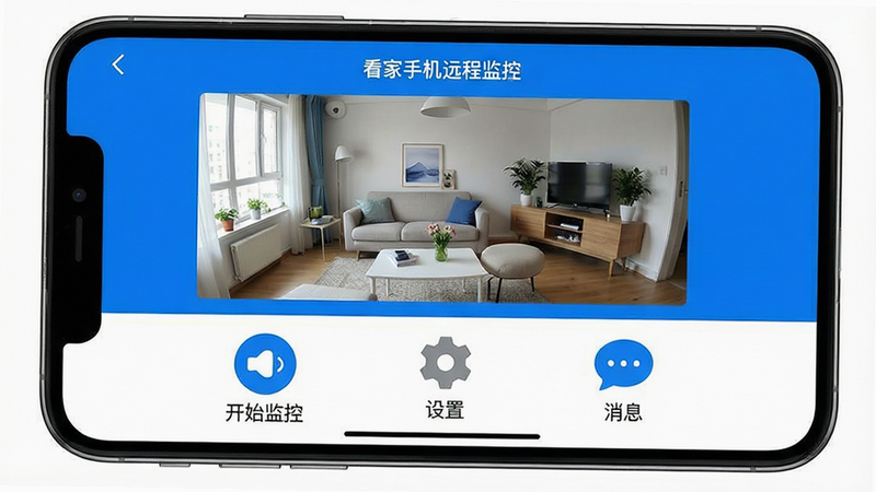 一张高清手机屏幕展示界面,主体是“看家手机远程监控”APP的主操作台,布局清晰,顶部显示实时视频流窗口,底部排列着“开始监控”、“设置”、“消息”三个大图标,界面风格简洁现代,采用蓝白配色,高清无噪点,无多余装饰文字,真实感强