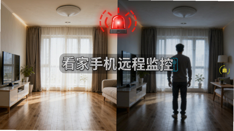 分屏对比图,左侧是静止的空房间,右侧是有人影出现的画面,上方有一个红色的警报图标闪烁,中间标注“看家手机远程监控”字样,风格写实,强调智能识别功能,画面清晰,色彩对比鲜明