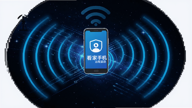 展示网络信号连接示意图,中间是“看家手机远程监控”手机图标,向四周发射出蓝色数据波纹,背景为深空科技感,象征高速稳定的连接,画面干净,无杂乱元素,突出“快”与“稳”的视觉感受