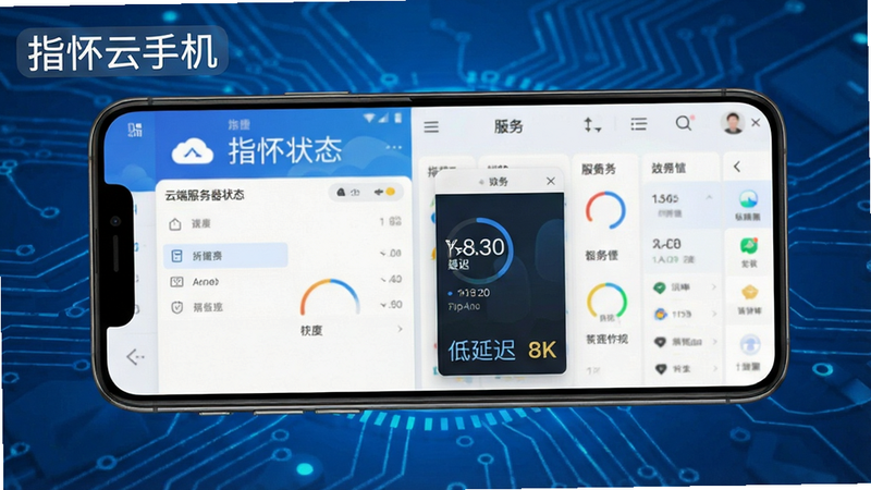 一张展示指怀云手机应用界面的高清预览图,主体为手机屏幕,布局清晰,显示云端服务器状态栏与多任务窗口,排版整洁,风格科技感强,细节包含流畅的帧率指示器与低延迟标识,画质8k,干净无多余元素,文字标注
