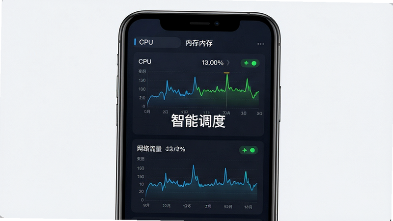 展示资源调度机制的仪表盘界面,主体为手机上的性能监控图表,布局包含CPU、内存、网络流量三个核心模块,排版清晰,风格专业严谨,细节包含实时数据波动曲线,画质细腻,干净无干扰元素,文字标注