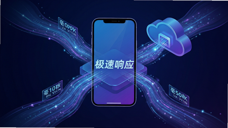 表现低延迟操作的动态示意图,主体为手机屏幕与云端服务器之间的数据流动光效,布局呈中心辐射状,数据流线条流畅,排版简洁,风格动感科技,细节包含毫秒级延迟数字显示,画质高清,干净无冗余元素,文字标注