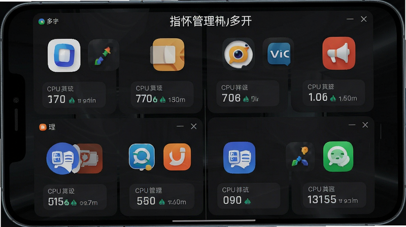 展示指怀云手机多开功能的界面截图,主体为手机屏幕分屏显示多个独立窗口,布局呈网格状,每个窗口显示不同应用图标,排版有序,风格现代简约,细节包含独立CPU占用率显示,画质清晰,干净无杂乱元素,文字标注