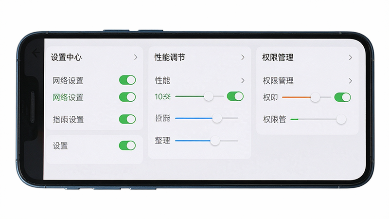 展示指怀云手机设置界面的预览图,主体为手机屏幕,布局包含网络设置、性能调节、权限管理三个板块,排版清晰,风格简洁明了,细节包含开关按钮与滑块控件,画质清晰,干净无多余元素,文字标注