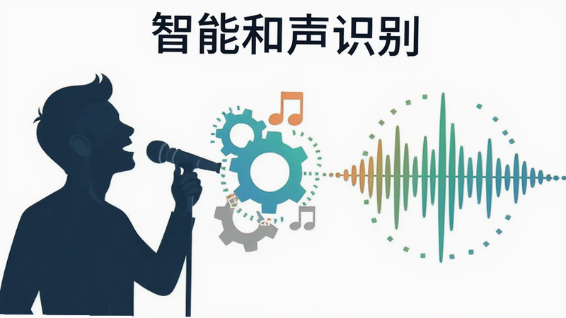 软件功能示意图,画面左侧是一个正在唱歌的人物剪影,右侧是声波波形,中间连接着齿轮和音符符号,象征AI算法处理过程,风格扁平化,色彩清新,包含文字'智能和声识别',干净背景,高清晰度