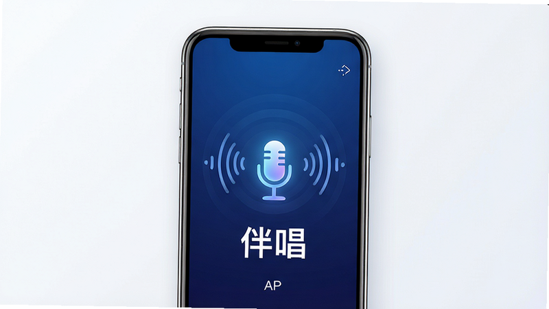 一张现代简约风格的软件界面展示图,主体为手机屏幕,显示着'伴唱'APP的启动页或主界面,界面中央有一个发光的麦克风图标,周围环绕着声波波纹,背景为深蓝色渐变,文字清晰显示'伴唱'二字,高清,无多余元素