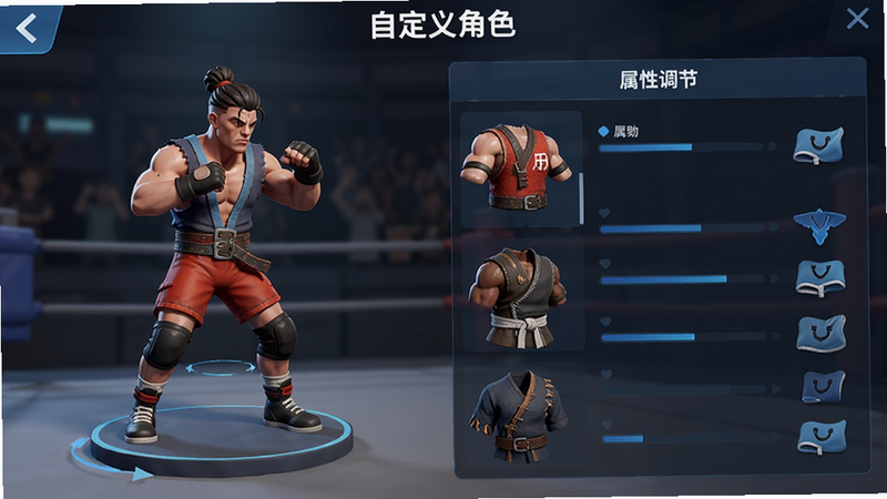 主体为《撞头摔跤对决》角色定制界面,布局左侧是角色3D模型旋转展示,右侧是属性调节面板,排版清晰有序,风格为现代游戏UI设计,细节展现不同服装的布料质感,画质清晰,干净界面,文字显示